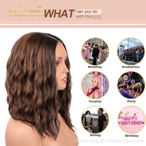 Vigorous Fiber Body Wave Short Highlight Mixed Brown Black U Part Swiss Lace Front Synthetic Wigs Heat Resistant Bob